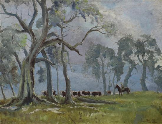 JPB (Australian School), oil on board, Cattle rancher, dated 92, 34 x 44cm.